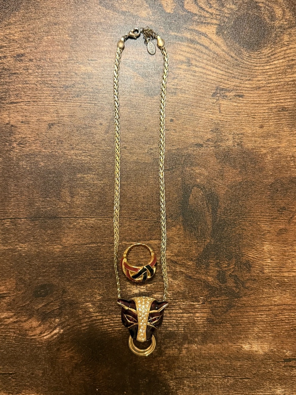Gold-Tone Panther Pendant Necklace with Matching Ring - Gold/Burgundy